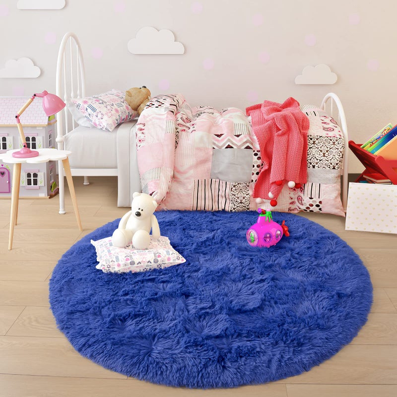 junovo Rug 4x4 Feet, Light Navy, Fluffy Soft Area Rugs for Kids Girls Room Princess Castle Plush Shaggy Carpet, Circular Home Decor - Image 4